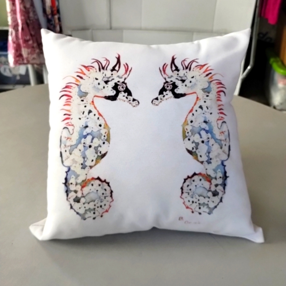 Betsy Drake Signed Seahorse Design  Back To Back Print White Accent Pillow
